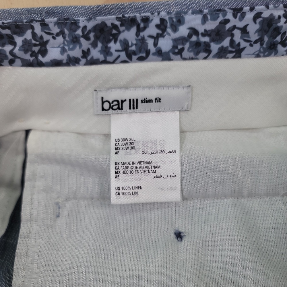 Bar III Dress Pants Mens Size 31x30 Blue 100% Linen Slim Fit Straight Preppy - Picture 12 of 15